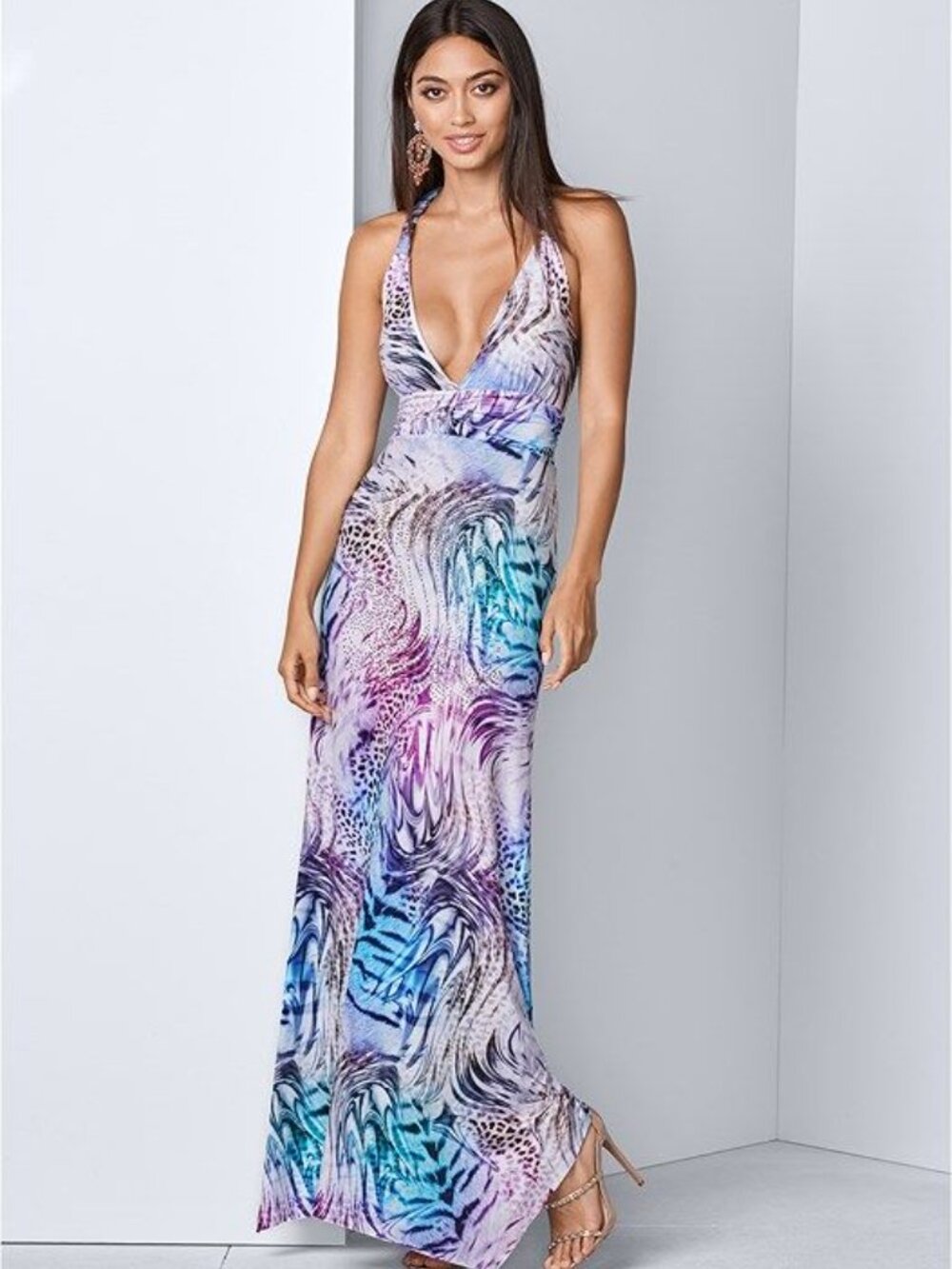Animal Print Purple Blue and White Racer Back Maxi Dress - XL LIKE NEW